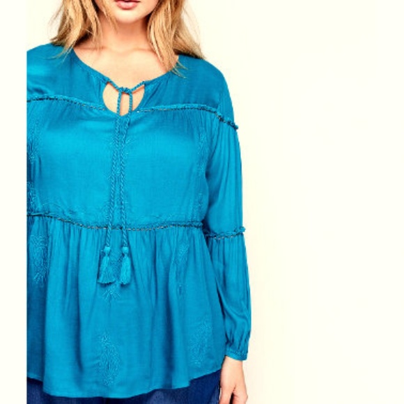 Lane Bryant 14 16 1X Aqua Embroidered Peasant Top NEW NWT Boho Shirt Blouse - Picture 3 of 8